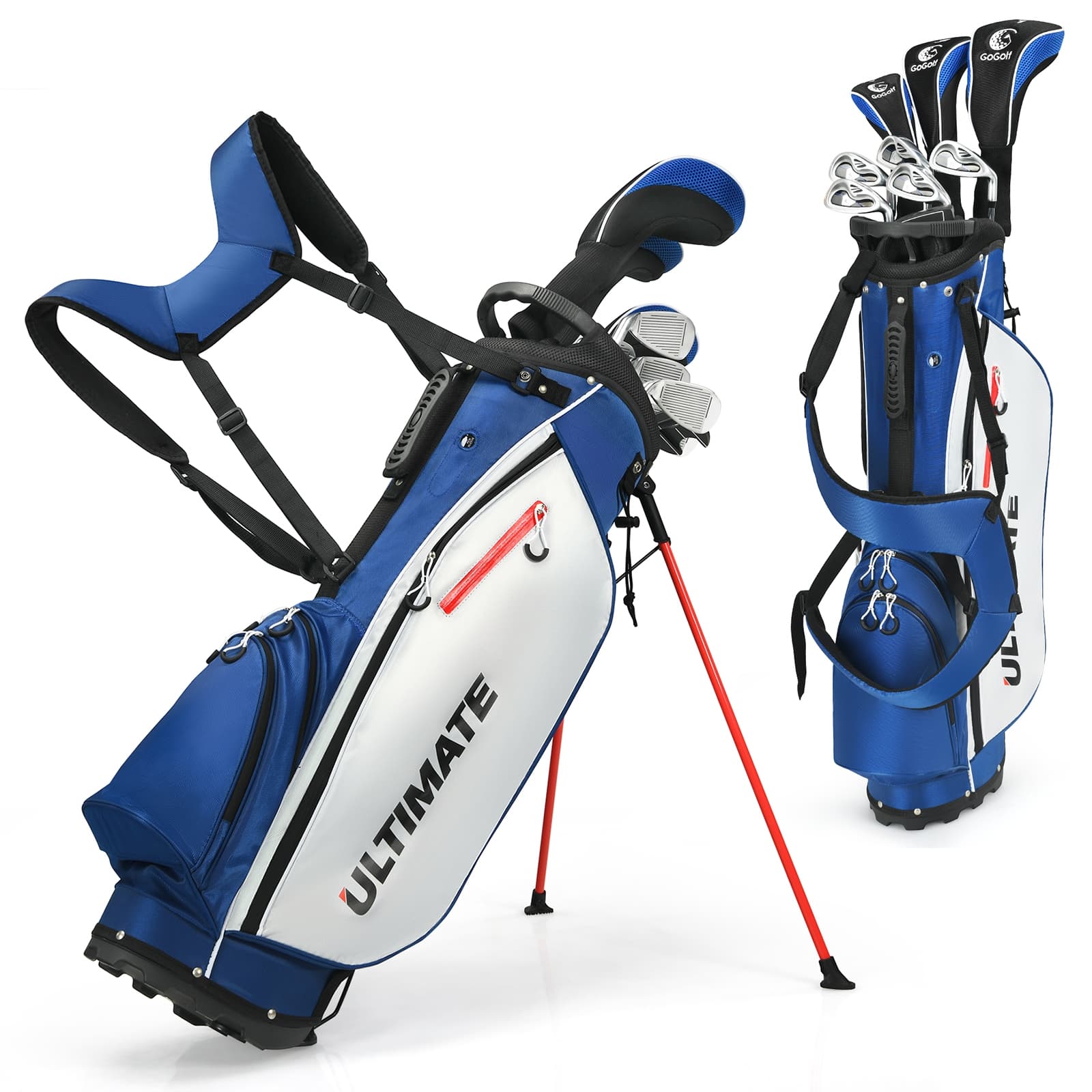 CostwayEnsemble de Clubs de Golf 9 Pièces pour Débutant avec Sac Trépied Conception Ergonomiqu en Métal Robuste