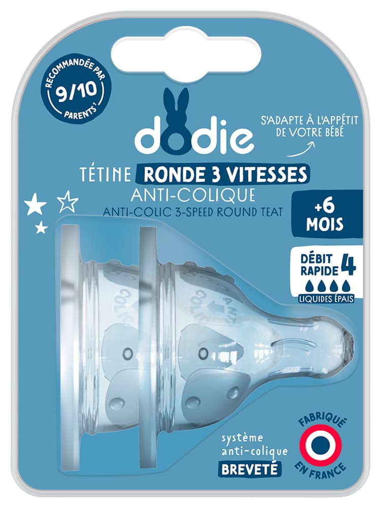 Dodie Tétine Initiation+ Ronde 3 Vitesses - Col Large - +6 Mois - Silicone Débit 4 - Liquide Épais - Lot de 2