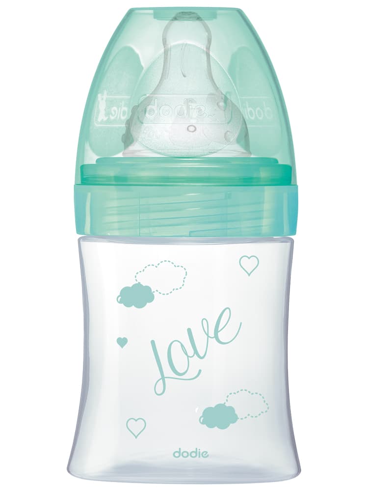 Dodie Biberon Anti-Colique Initiation+ Verre - 150 ml - Vert Oiseaux - 0-6 Mois - Tétine Ronde 3 Vitesses Débit 1