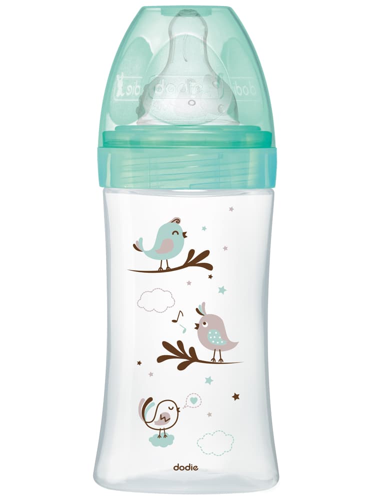 Dodie Biberon Anti-Colique Initiation+ Verre - 270 ml - Vert Oiseaux - Tétine Ronde 3 Vitesses Débit 2