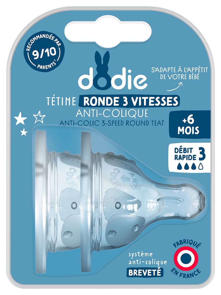 Dodie Tétine Initiation+ Ronde 3 Vitesses - Col Large - +6 Mois - Silicone Débit 3 - Rapide - Lot de 2