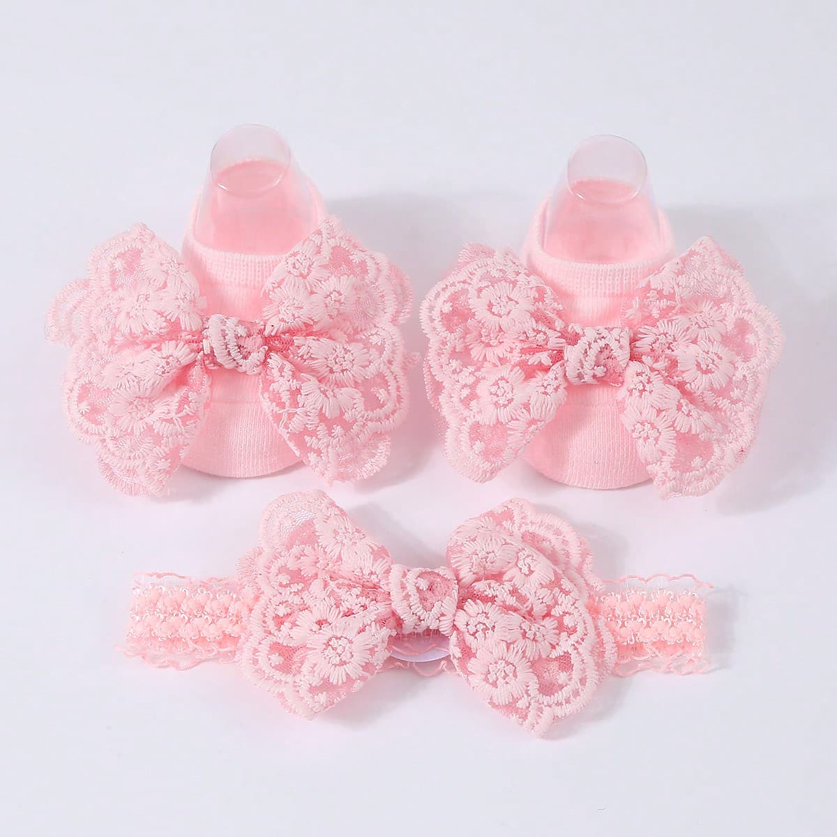 1 pièce bandeau de couleur unie avec nœud pour bébé + 1 paire de chaussettes de sol antidérapantes pour bébé pour apprendre à marcher