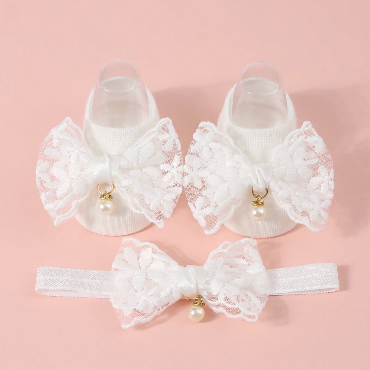 Bandeau de princesse papillon en dentelle et perles pour bébé (1 pièce) + Chaussettes antidérapantes pour apprendre à marcher (1 paire)